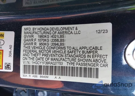 2024 Honda Accord Ex z USA, uszkodzony, nr VIN 1HGCY1F39RA027753